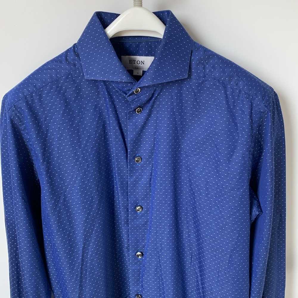 Eton Men’s Slim Dark Blue Polka Dot Long Sleeve Button Up Size 40 / 15-3/4